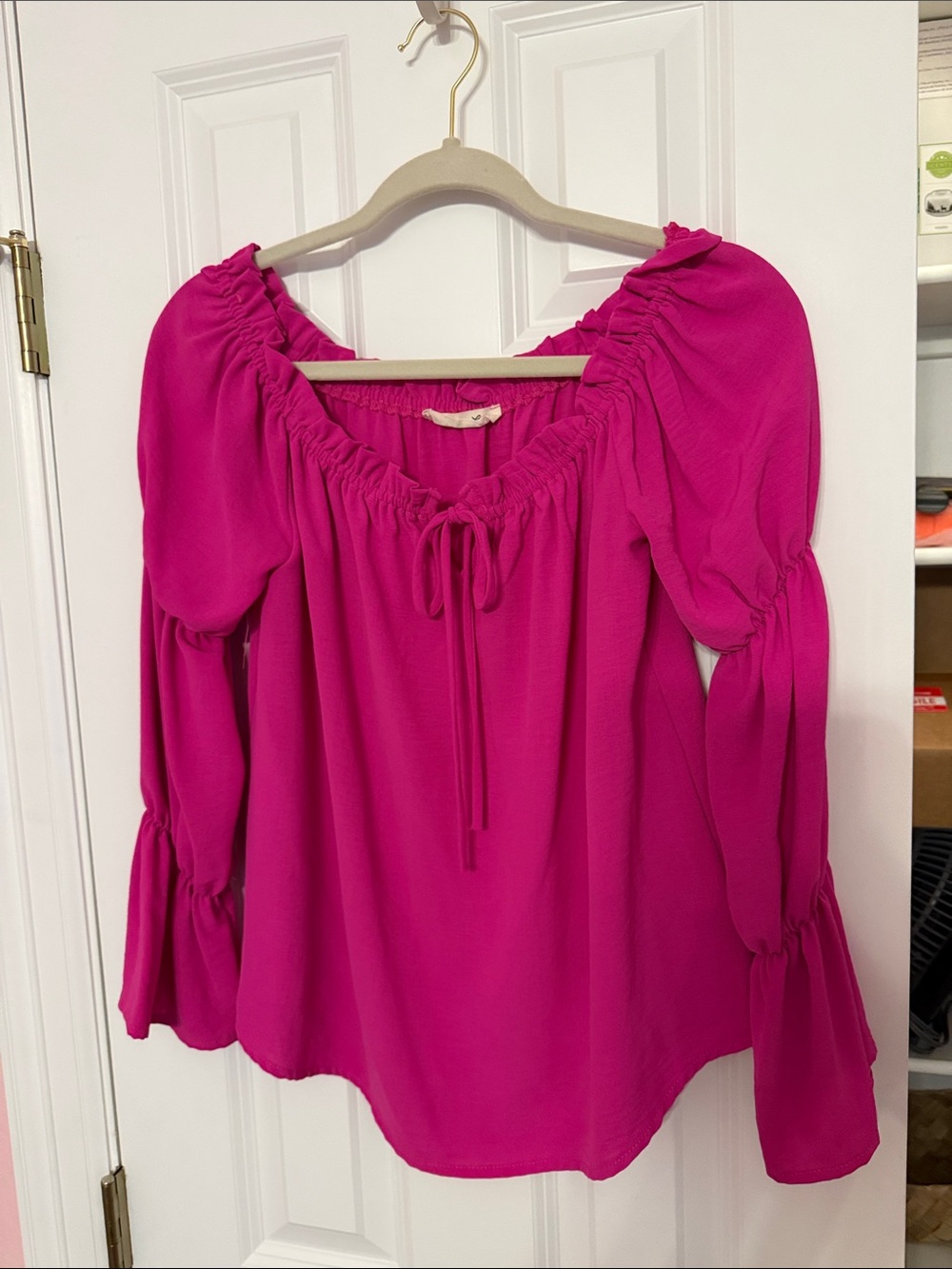 Vine & Love Fuchsia Peasant Blouse with Tie Neck